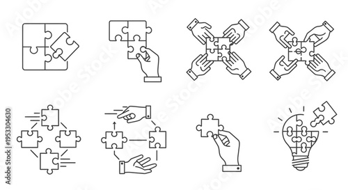 collection of line art puzzle icons illustrating teamwork collaboration problem-solving and idea generation for business strategy