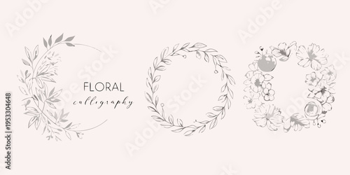 Elegant floral wreaths and calligraphy design on a light background