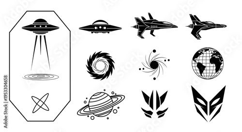 futuristic sci-fi and space vector icons collection with ufo planet spacecraft and abstract science symbols for design