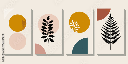 Abstract botanical wall art with overlapping organic shapes and foliage