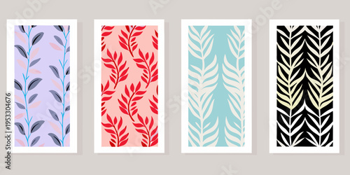 Four rectangular panels display vibrant and repetitive botanical patterns