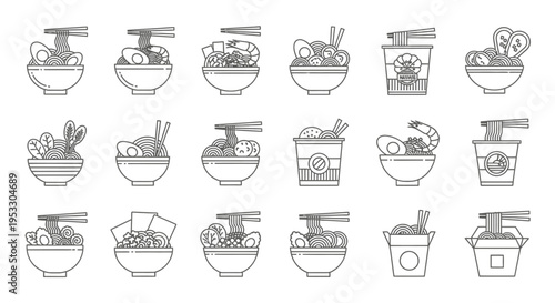 ramen and noodle dishes line art vector icon collection featuring various asian food in bowls cups and takeout boxes for menus.