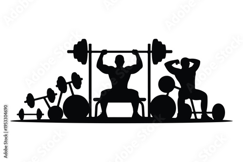 Black silhouettes of two men lifting weights at a gym with