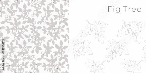 Floral pattern with sketched fig tree branches and delicate foliage