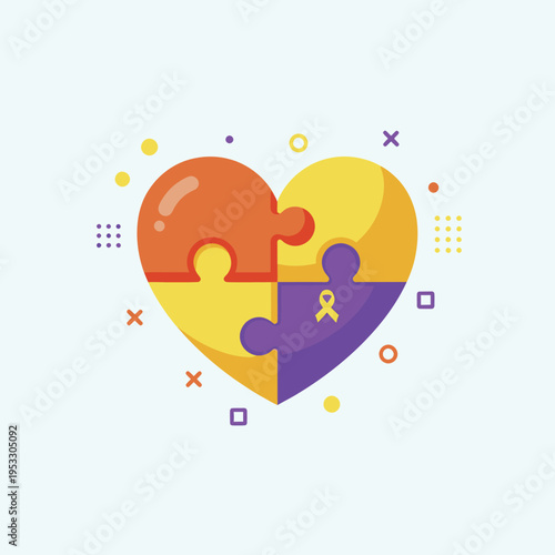 Vibrant Heart-Shaped Puzzle Graphic with Colorful Sections and Ribbon, Celebrating Unity and Wholeness in a Playful Design