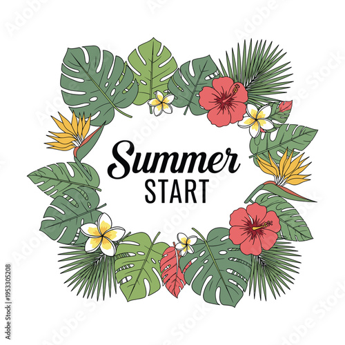 Vibrant tropical wreath with summer text for seasonal promotions