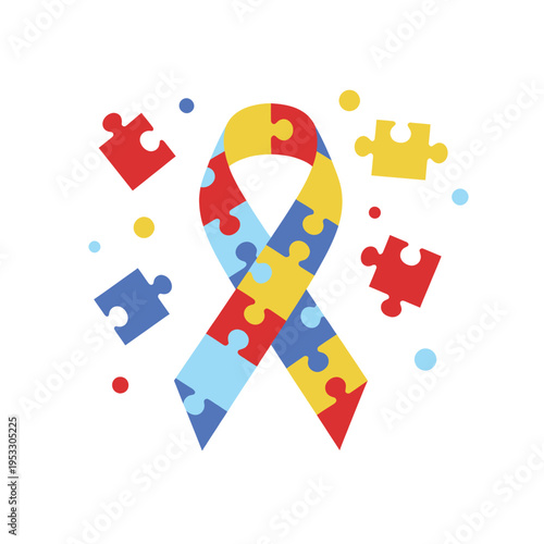 Vibrant Puzzle Ribbon Celebrates Autism Awareness and Unity on White Canvas