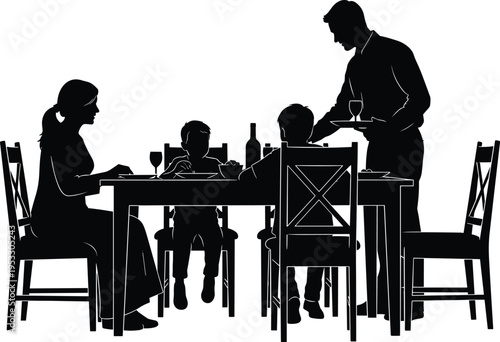 Family dining together at table silhouette with parents serving children home dinner lifestyle concept vector illustration for restaurant design
