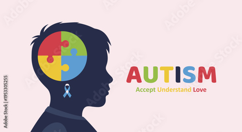 Silhouette of a Child’s Head with Puzzle‑Brain Illustrating Autism Awareness in a Light Pink Graphic