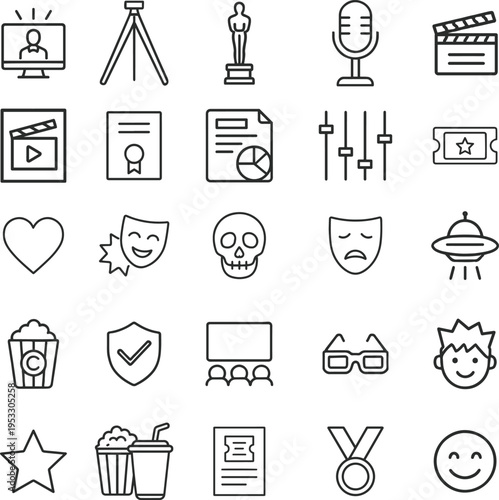 Cinema vector icon set, TV, tripod, award statue, microphone, clapperboard, ticket, masks, skull, UFO, popcorn, 3D glasses, audience, medal, star, smiley