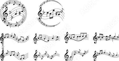 Black Musical Notes on Wavy Staff Lines Vector Set, Featuring Treble Clef, Circle Music Staffs, and Melodic Wave Patterns for Design