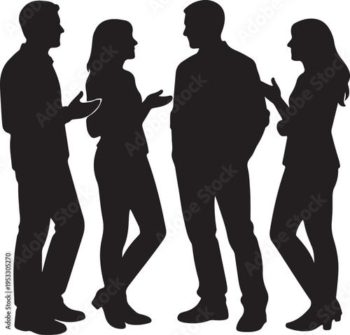 A black silhouette of four diverse people standing together and engaging in a friendly conversation