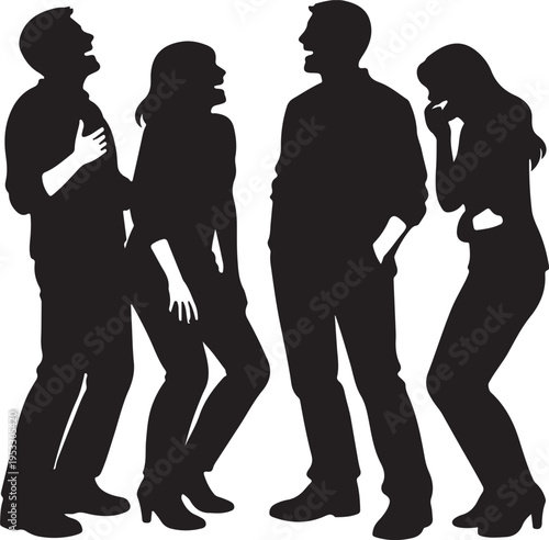 A black silhouette illustration showing a group of four diverse people laughing and having fun