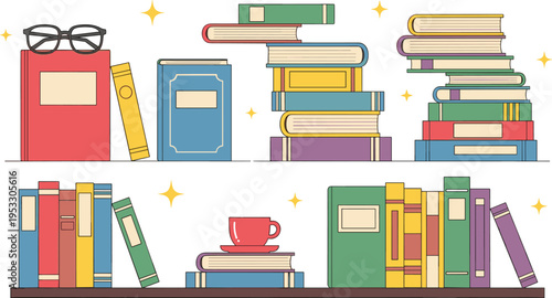 Colorful Vector Illustration of Bookshelves with Stacks of Books, Reading Glasses, Coffee Cup, and Sparkles in a Flat Art Style