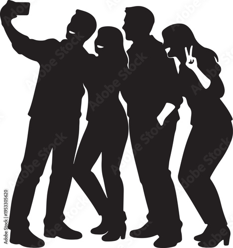 A black silhouette illustration showing a group of four friends taking a group selfie together