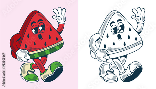 retro watermelon mascot character in vintage cartoon style with halftone texture. unique vector illustration for stickers, t-shirts, and logo design