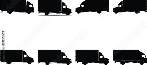 Eight black silhouettes of box trucks and delivery vans from multiple viewpoints for transport.