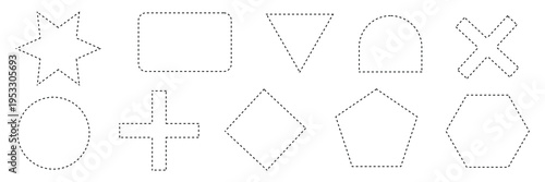Set of dashed line basic geometric vector shapes. dotted outline of circle, rectangle, square, triangle, heart and star. Icon of cut frame. geometric shape vector art . Vector Illustration . EPS 10 .