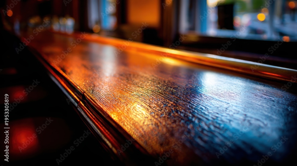 Obraz premium Polished brass bar rail reflecting dim amber light across a textured wooden pub counter