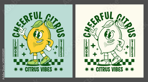 retro lemon character vector set. vintage cartoon mascot for streetwear branding, perfect for groovy poster, t-shirt, and sticker design. features color and line-art styles
