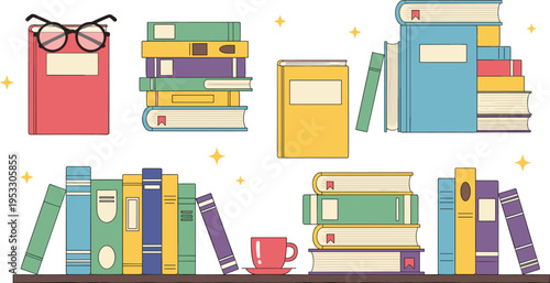Flat Vector Illustration of Bookshelves with Colorful Book Stacks, Reading Glasses, Coffee Cup, and Sparkles for Education and Library Design