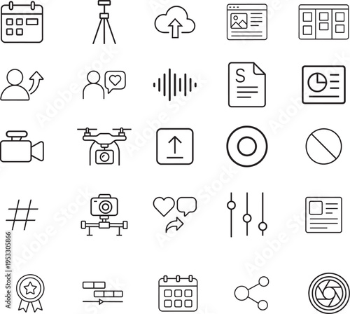 Content Creation vector icon set, calendar, tripod, cloud upload, web page, user, audio wave, video camera, drone, hashtag, social share, settings, badge, shutter