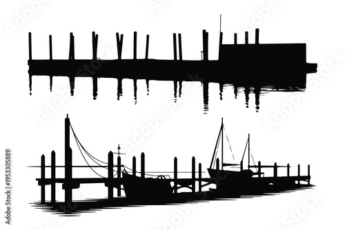 Black silhouettes of dock and boats on water pier