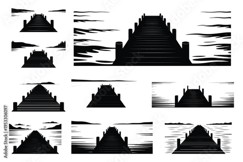 Black and white silhouette of piers on water dock