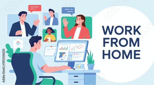 Man Working From Home on Computer with Video Call Participants and Business Charts