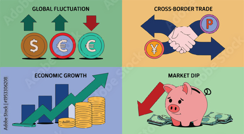 Financial Concepts: Global Fluctuation Trade Growth Market Dip Vector Illustration