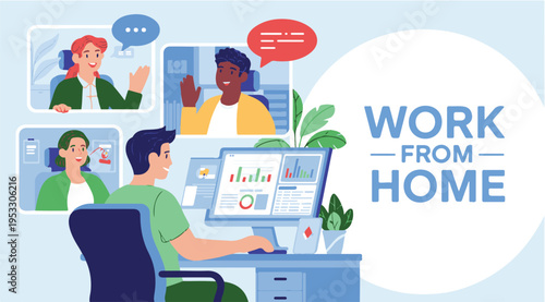 People Video Conferencing Remotely from Home Office with Computer Screens and Charts