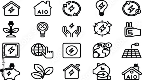Renewable Energy Icons Set: Solar Wind Eco-Friendly House Piggy Bank Earth