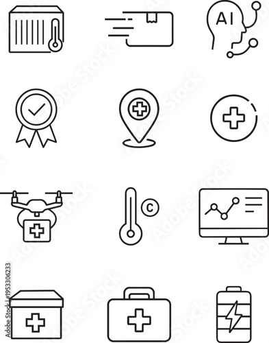 Technology vector icon set, refrigerated container, fast delivery, AI, quality award, hospital location, medical cross, drone delivery, thermometer, data analysis, first aid kit, battery