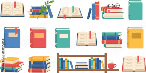 Large collection of hand drawn book icons, stack of literature, open textbooks with bookmarks, bookshelf, library elements isolated on white background vector
