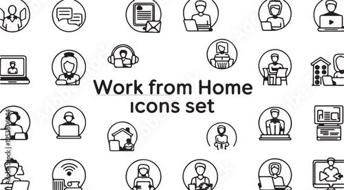 Work from Home Icons Set: People working remotely with laptops computers and communication symbols