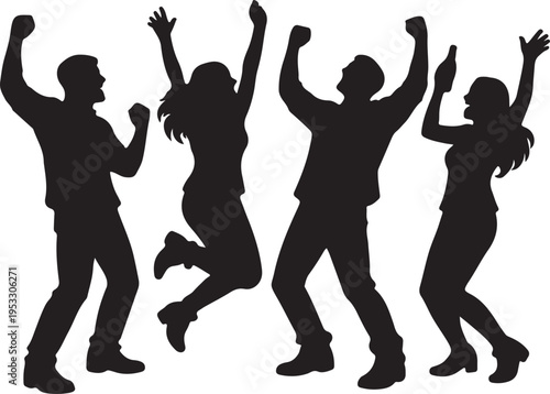 A group of happy people celebrating with excitement and cheering in a flat black silhouette style