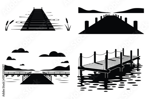 Black and white dock and pier silhouettes with water and landscape