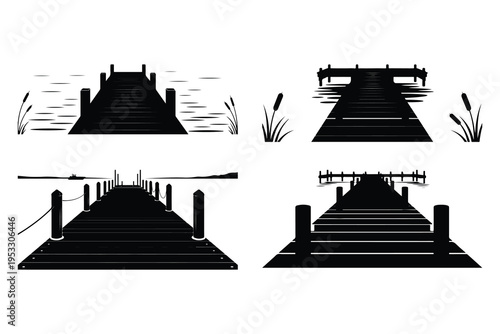 Black and white dock silhouettes with cattails pier