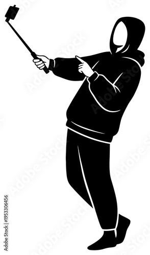 Selfie silhouette person wearing hoodie taking photo with smartphone on stick vector illustration