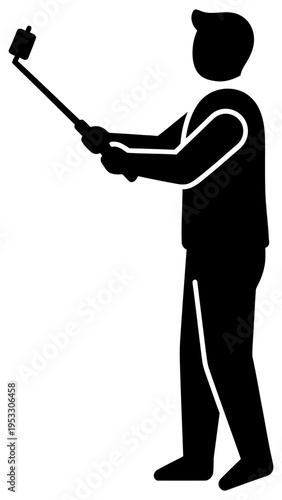Selfie silhouette man using smartphone on stick taking photo vector illustration

