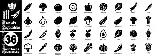 Fresh vegetable icons.  Black silhouette style. Containing avocado, okra, kohlrabi, celery, and artichoke for minimalist branding and mobile applications vector illustration.