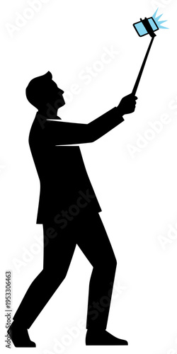 Selfie silhouette man taking photo with smartphone on stick modern vector illustration