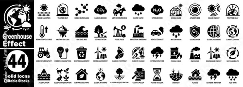 Greenhouse effect and global warming solid icons set. Illustrating climate change, melting ice caps, sea level rise, deforestation, and fossil fuel usage vector illustration.
