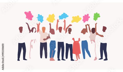 Group of people celebrating Holi festival with colorful powder splash flat vector illustration
