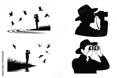 Birdwatchers with binoculars and camera silhouettes