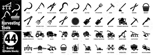Harvesting tools and Agricultural equipment icons pack. Includes silhouettes of sickle scythe pruning shears, grape hook, pitchfork rake, hoe basket, loppers, and heavy tractors vector illustration.