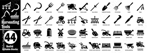 Harvesting tools icon set. Displays solid symbols for scythe, sickle, hand fork, pitchfork, combine harvester, grain auger, bale spear, and various farm machines vector illustration.