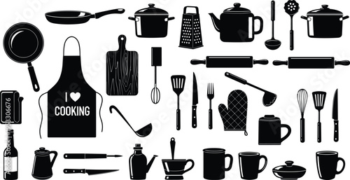 Kitchen utensils and cooking tools silhouette set with pots pans apron knives teapot equipment vector illustration for culinary design