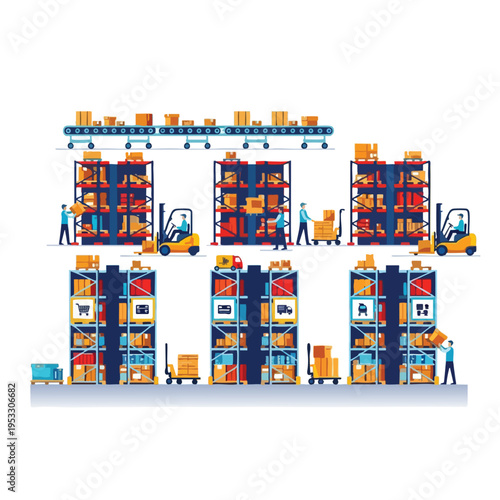 Warehouse operations with workers, forklifts, conveyor, and stacked boxes