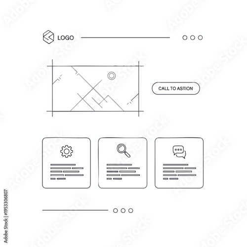 A sketch of a website wireframe with a header, image placeholder, CTA, and feature cards